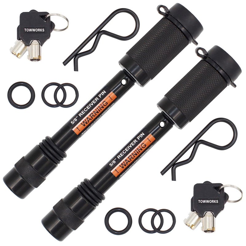 TowWorks 79632 Keyed Alike 5/8" Trailer Hitch Lock Set with Extra Long 3-1/4" Span, Double Safety Tow Hitch Receiver Locking Pin for Class III IV Hitches with 2" and 2.5" Receivers, 2-Pack - Image 1